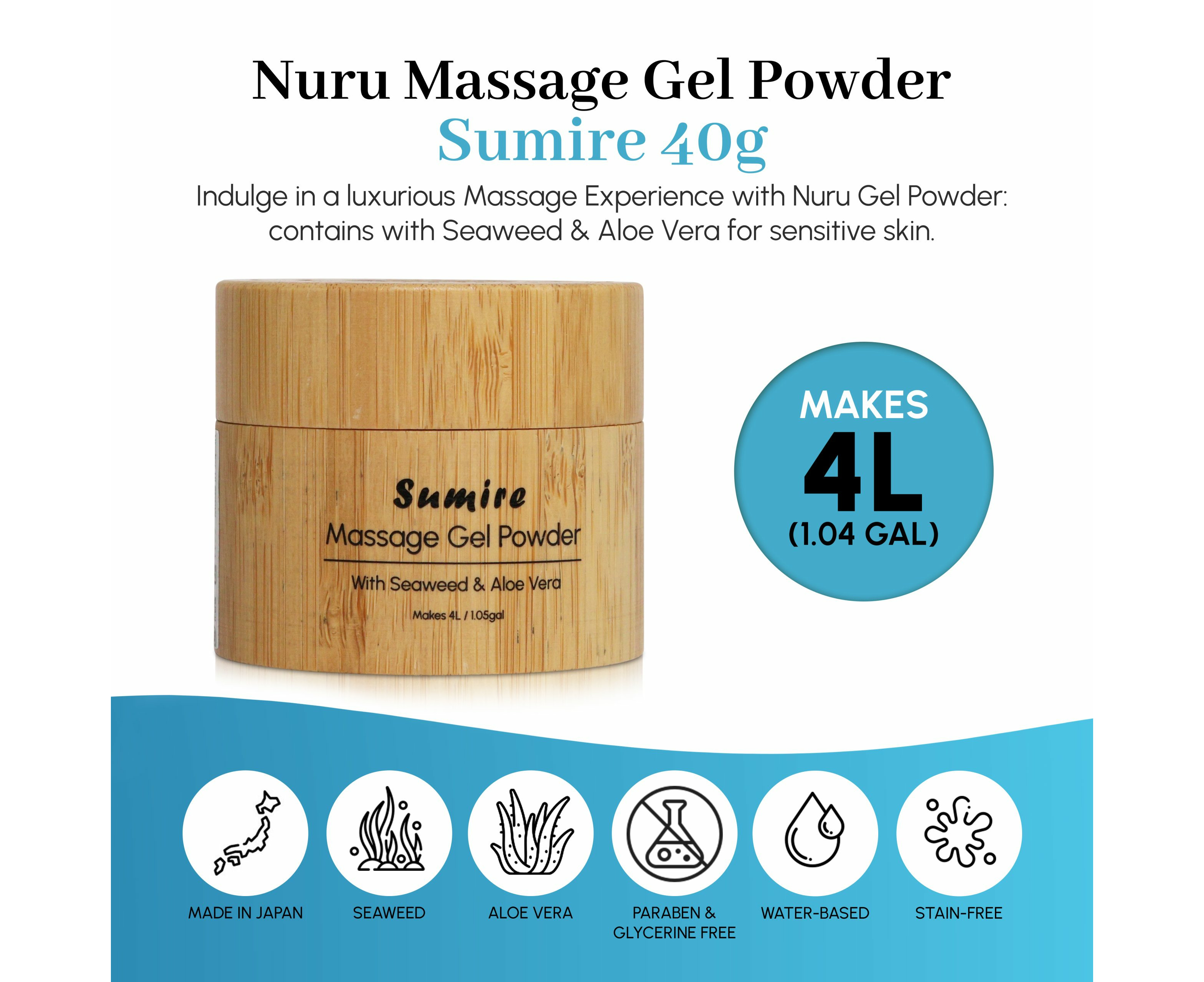 Nuru Massage Gel Powder 40g | Nori Seaweed and Aloe Vera | Made in Japan |  4L / 1.04 Gal | Glycerine and Paraben Free | Catch.com.au