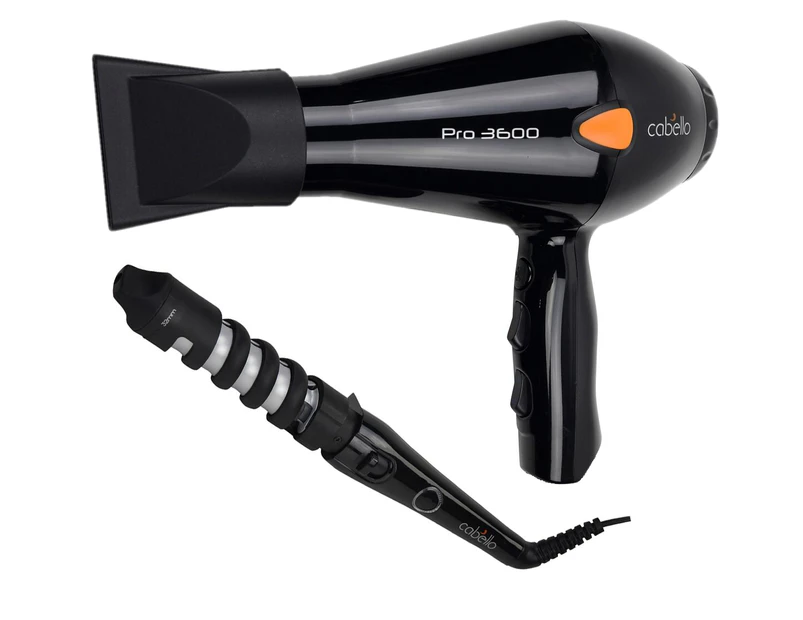 Cabello Professional Hair Dryer PRO 3600 & Voluminous Hair Curler Black - Combo