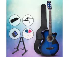 Alpha 38 Inch Acoustic Guitar Wooden Body Steel String Full Size w/ Stand Blue