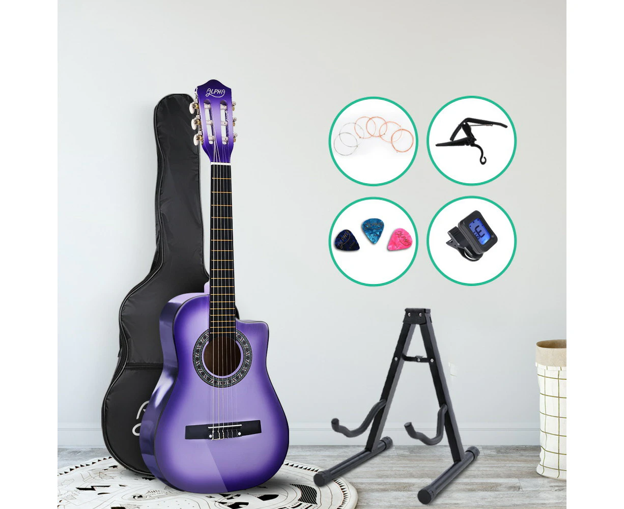 Alpha 34 Inch Classical Guitar Wooden Body Nylon String w/ Stand Beignner Purple