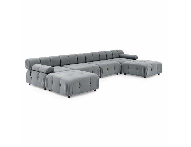 Foret 6 Seater Sofa Modular Ottoman Tufted Velvet Lounge Couch Chaise Light Grey