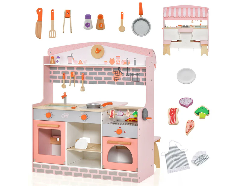 Costway 2 in 1 Pretend Playset Kitchen Toy Wood Role-Play Cooking Set w/Cookware ren Gift Pink