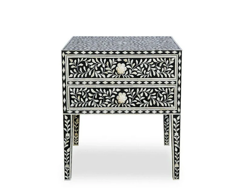 Zohi Interiors Bone Inlay Bedside Table with 2 Drawers in Black