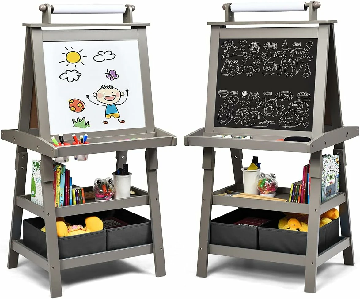 Costway 2-in-1 Art Easel ren Painting Easel Whiteboard Chalkboard Stand w/Drawing Paper & 2 Cups Storage Boxes, Grey