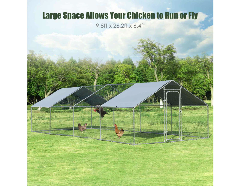 Costway 3x8x1.95m Chicken Coop Large Cage Run Walk-In Pet House Rabbit Hutch w/2 Roof Cover, Outdoor Yard Farm