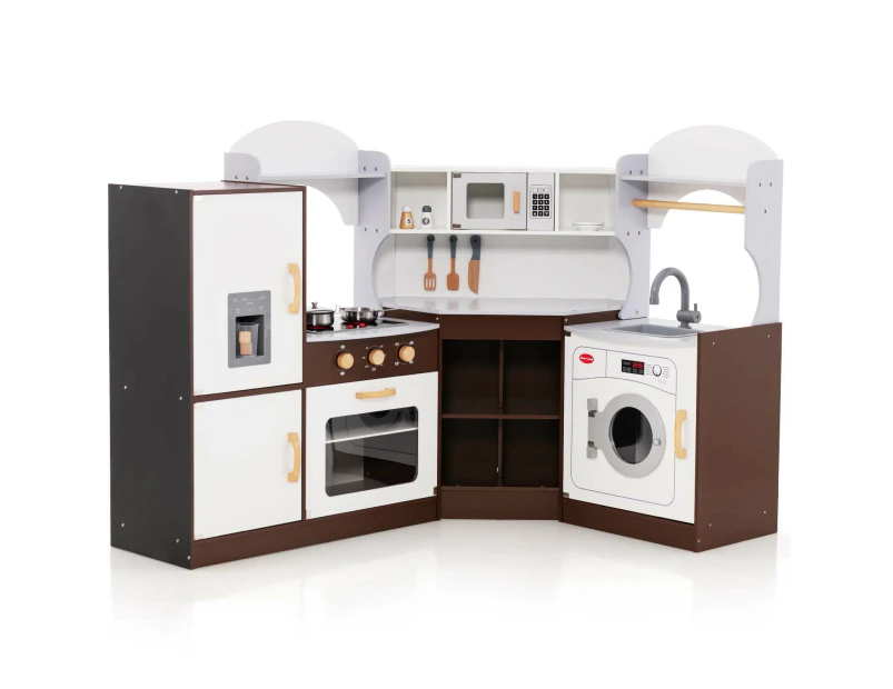 Costway Kids Kitchen Play Set Pretend Cooking Toy w/Full Accessories Children's Gift Brown