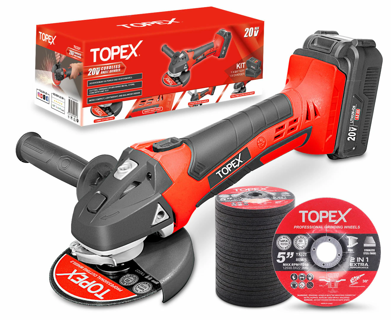 TOPEX 20V Cordless Angle Grinder 125mm Li-ion Grinding Cutting Power Tool w/ 25PCS Grinding Discs