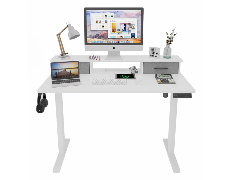Ufurniture Electric Standing Desk Ergonomic Sit Stand up Workstation with Monitor Stand and 2 Fabric Drawers White