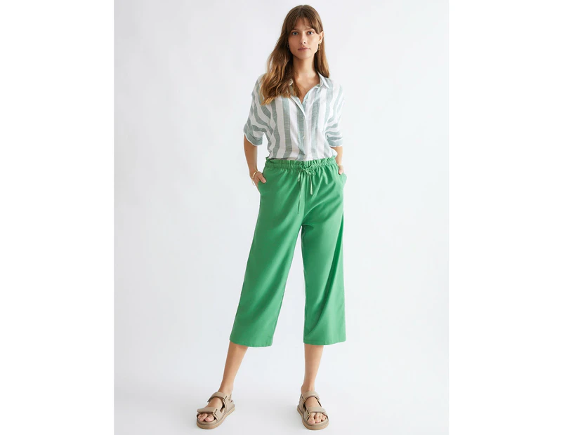 KATIES -  Linen Blend Stripe Drawstring Pants - Fern Green