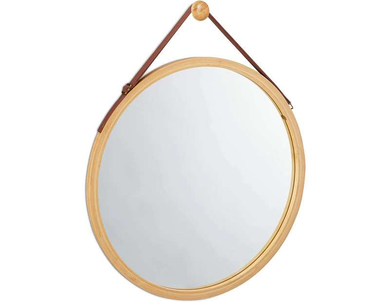CARLA HOME Hanging Round Wall Mirror 38 cm - Solid Bamboo Frame and Adjustable Leather Strap for Bathroom and Bedroom