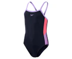 Speedo Girls' Dive Thinstrap Muscleback One Piece Swimsuit - True Navy/Miami Lilac/Raspberry Fill