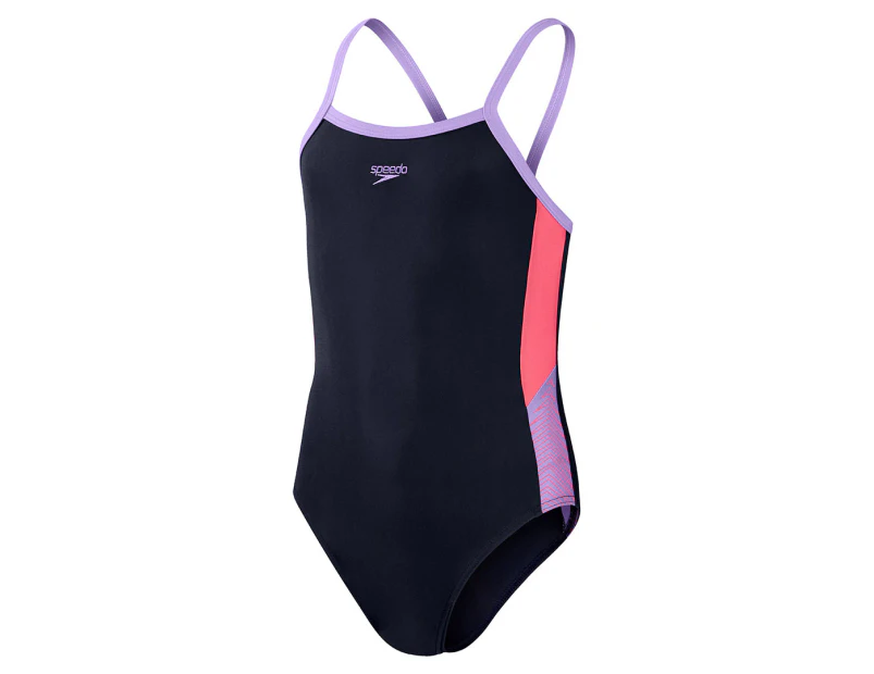 Speedo Girls' Dive Thinstrap Muscleback One Piece Swimsuit - True Navy/Miami Lilac/Raspberry Fill