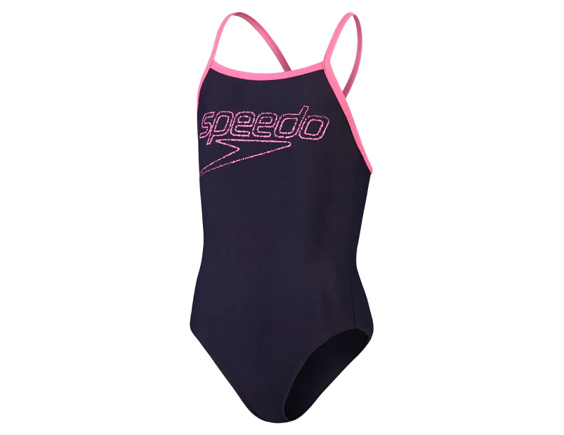 Speedo Youth Girls' Logo Thinstrap Muscleback One Piece Swimsuit - True Navy/Candy Vibe