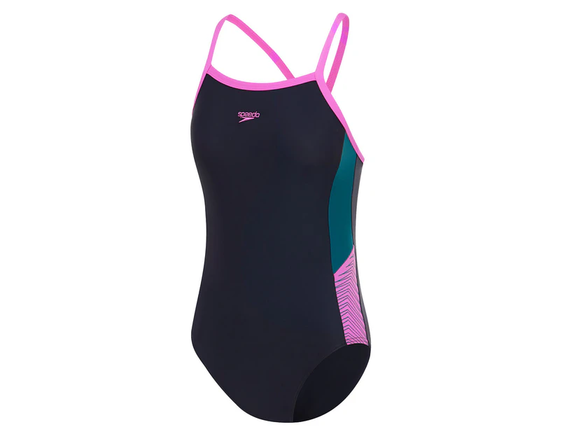 Speedo Youth Girls' Dive Thinstrap Muscleback One Piece Swimsuit - True Navy/Ocean Depths/Orchid Shine