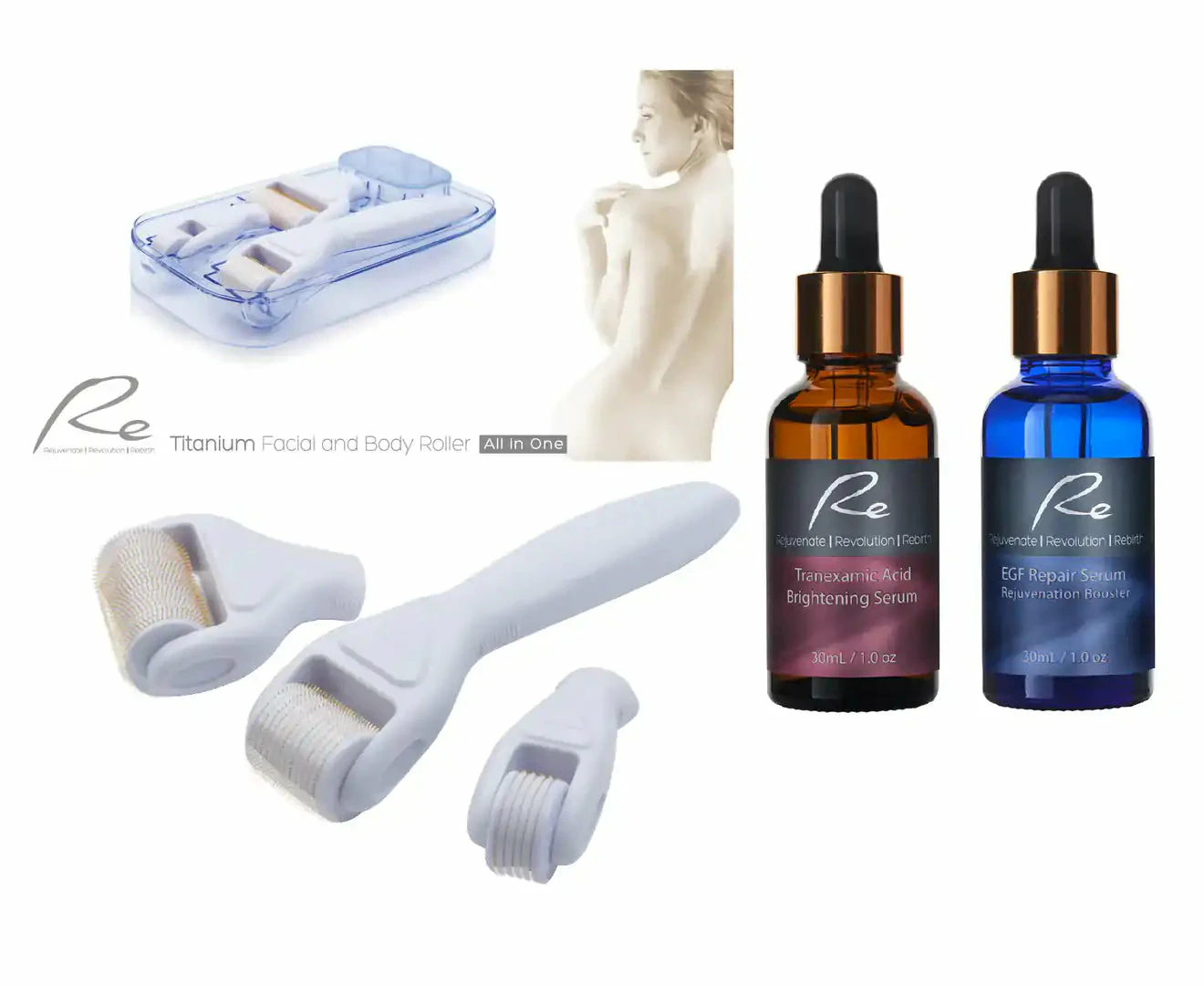 Re Facial Derma Roller All In One Set TITANIUM + Tranexamic Acid Serum + EGF Serum