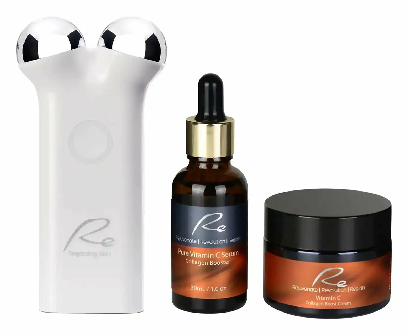 Re Microcurrent Face Lift & Tone Massager + Pure Vitamin C Serum + Cream