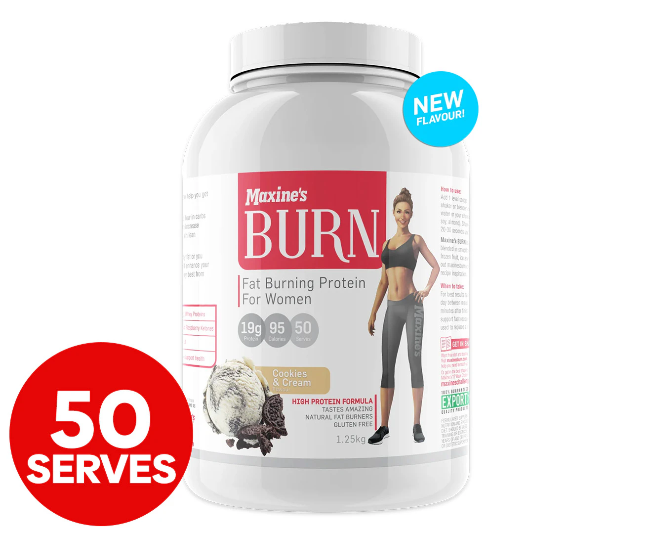 Maxine's Burn Protein Powder Cookies & Cream 1.25kg / 50 Serves