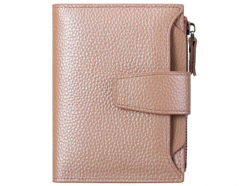 Small Women Wallet Genuine Leather RFID Blocking Bifold Zipper Pocket Card Holder with ID Window Pearlescent Pink