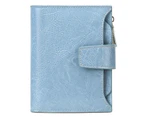 Small Women Wallet Genuine Leather RFID Blocking Bifold Zipper Pocket Card Holder with ID Window Blue