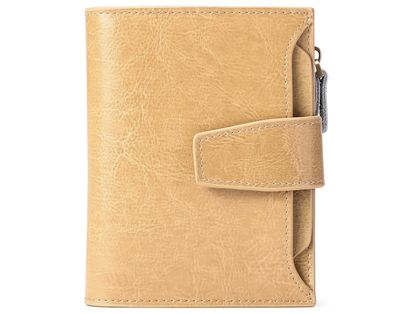 Small Women Wallet Genuine Leather RFID Blocking Bifold Zipper Pocket Card Holder with ID Window Kahki