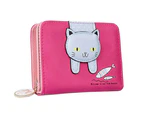 Girls Wallet Cute Cat Faux Leather Wallet Cat Pattern Purse Coin Card Holder Zipper Wallet Rosy