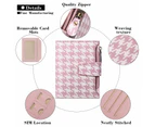 Small Women Wallet Genuine Leather RFID Blocking Bifold Zipper Pocket Card Holder with ID Window Houndstooth Pink
