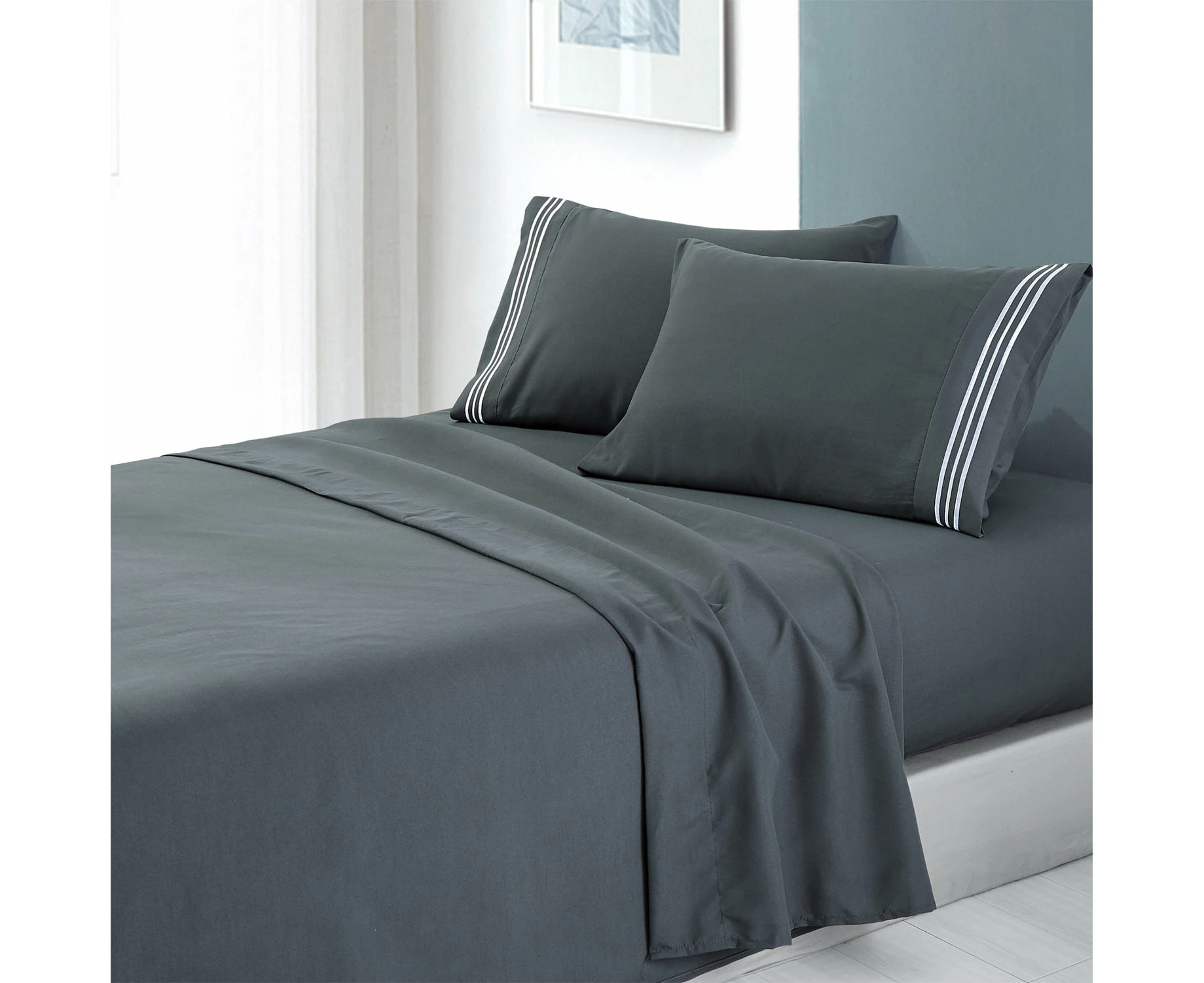 Opulenc Soft Microfibre Embroidered Stripe Sheet Set - White Pillowcase Charcoal Stripe