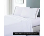Opulenc Soft Microfibre Embroidered Stripe Sheet Set - White Pillowcase Blue Stripe