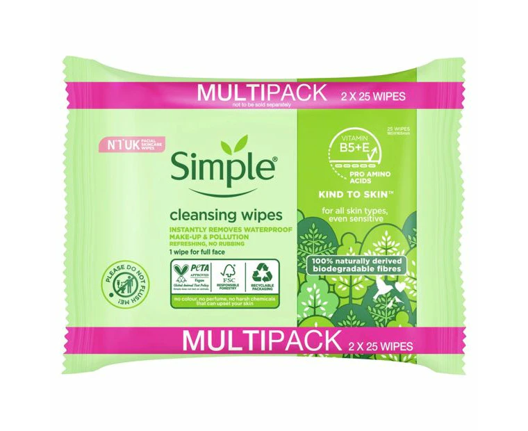 Simple Kind to Skin Biodegradable Cleansing Wipes - 50 Pack