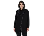 Liz Jordan - Womens Jumper - Long Winter Cardigan Cardi Black Sweater Stud Trim - Relaxed Fit - Knitwear - Long Sleeve - Knit Work Wear - Good Quality - Black