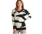 Liz Jordan - Womens Jumper - Long Winter Sweater - Black Pullover - Jacquard - Long Sleeve - Abstract - V Neck - Casual Clothing Warm Comfy Work Wear - Black