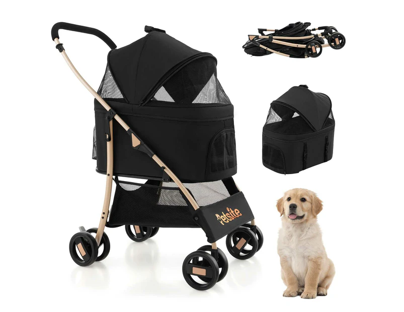 Costway 3IN1 Pet Stroller Pram Pet Travel Carrier w/Removable Seat & Adjustable Canopy Small/Medium