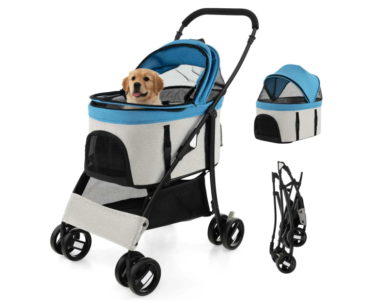 Costway 3-In-1 Pet Stroller Pet Travel Carrier w/Removable Seat & Adjustable Canopy Small/Medium Dogs Blue