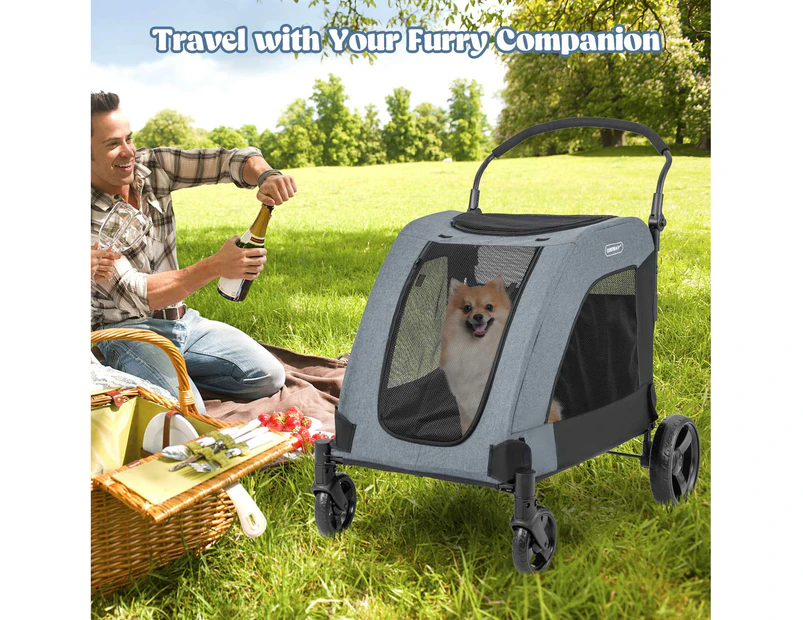 Costway Foldable Pet Stroller Dog Cat Carrier Cage Extra Large Pet Pram Travel Cart w/Cushion Grey