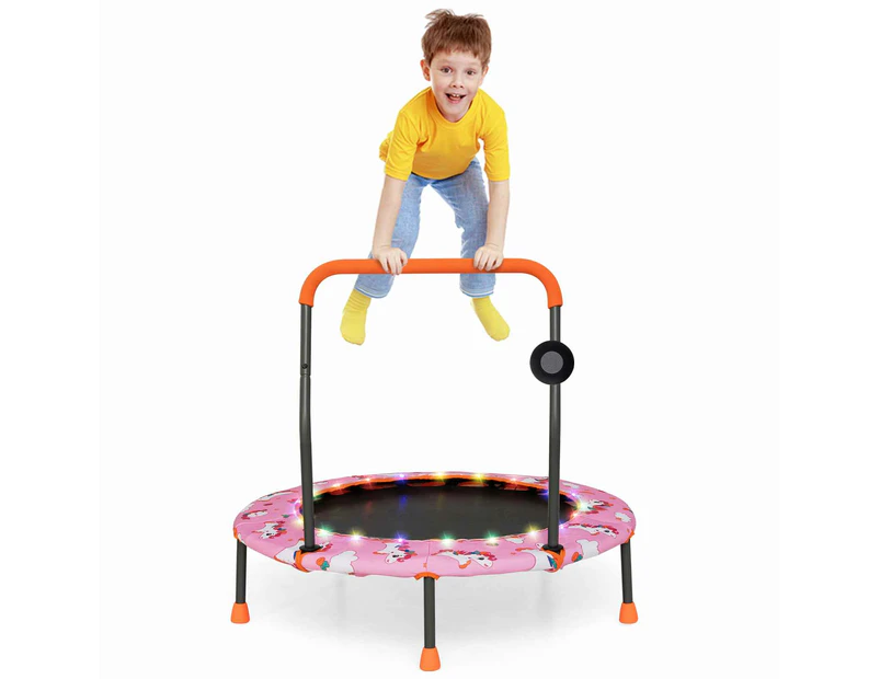 Costway 36" Mini Kids Trampoline Handrail Fitness Rebounder w/LED Bluetooth Speaker Exercise Workout Home Gym Pink