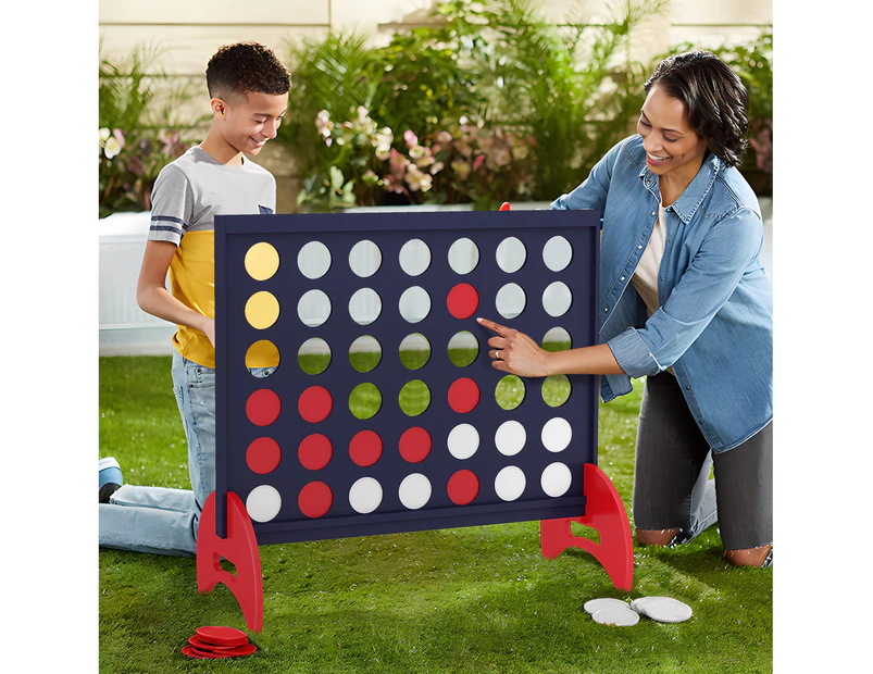 Costway Wood Giant 4-in-A Row Jumbo 4-to-Score Game Set Foldable Board Line Up 4 Game w/Carry Bag & 42 Chips, Blue