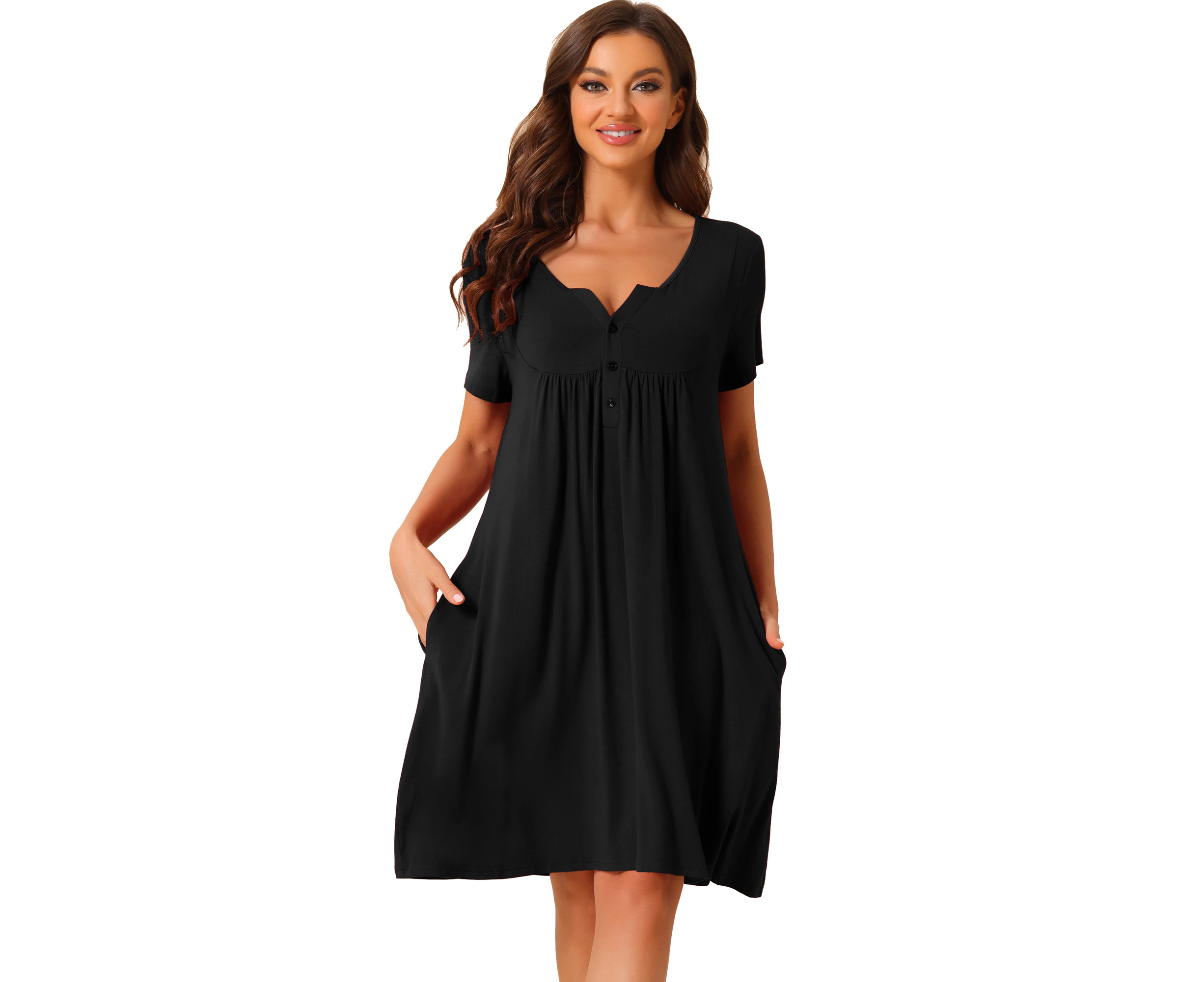 cheibear Short Sleeves Lounge Dress with Pockets - Black - Black