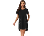 cheibear Round Neck Nightgowns with Pockets - Black
