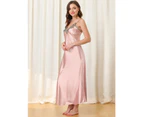 cheibear Satin Nightgown Lace Trim Dress - Pink - Pink