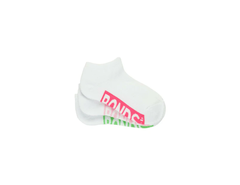 6 x Bonds Kids Girls Cushioned Low Cut Sports White 01K Nylon/Polyester - White with Hot Pink/Pink/Green