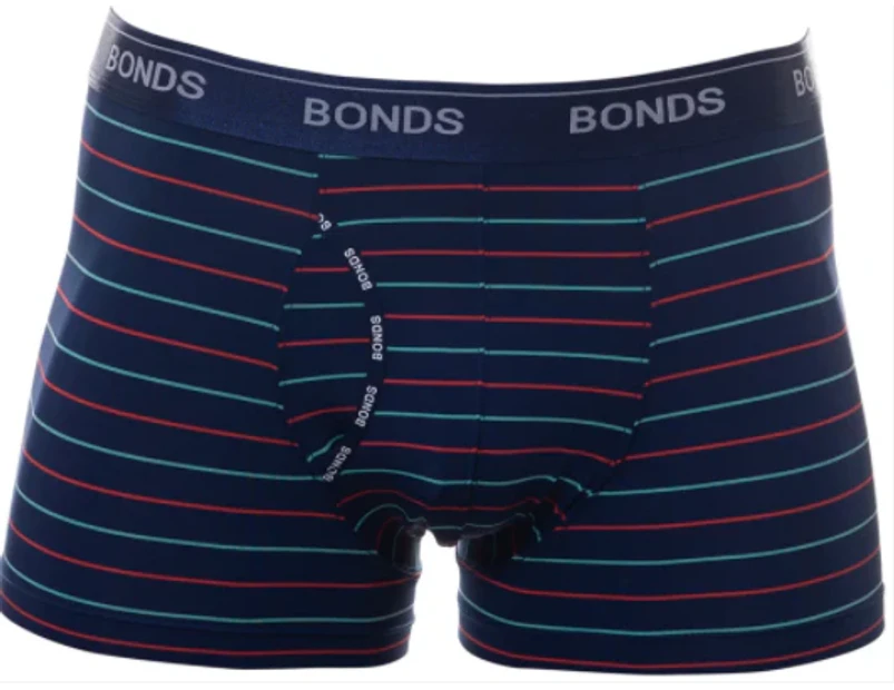 3 x Bonds Microfibre Guyfront Trunk Mens Underwear Trunks Navy/Red/Aqua Stripes Elastane/Polyester - Navy/Red/Aqua Stripes