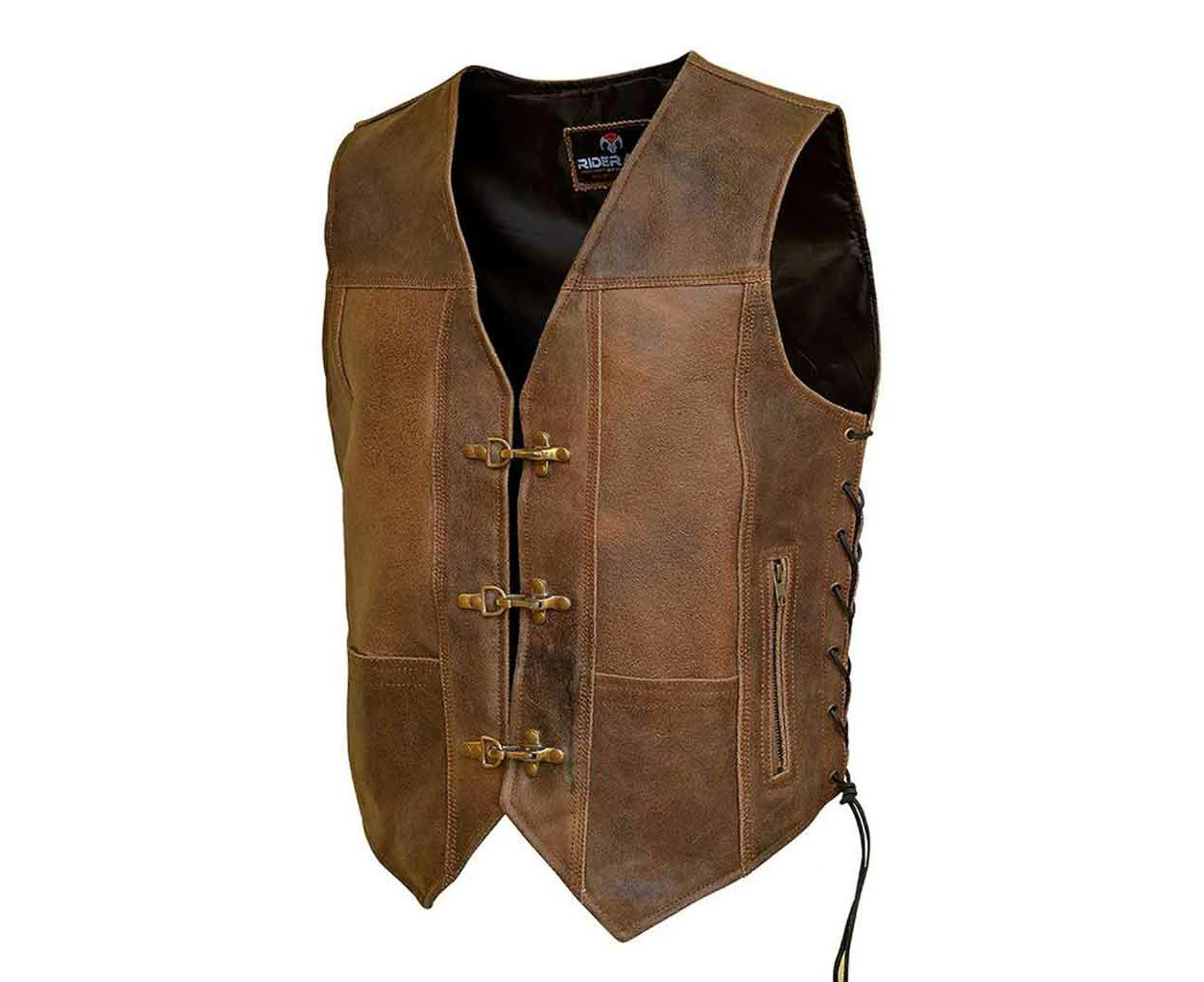 RIDERACT® Motorcycle Distress Leather Vest Harley Style Riders Motorbike Vest Antique Clasp Closure Waistcoat Protective Gear