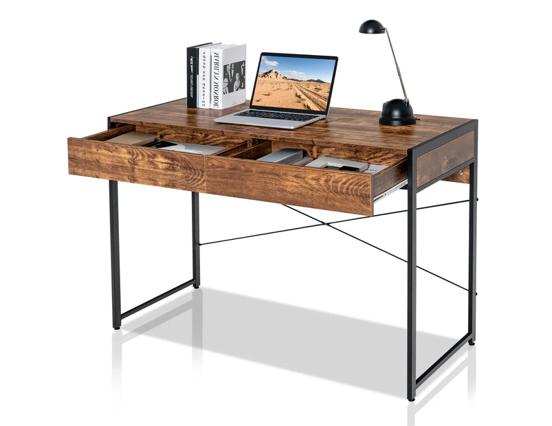 Giantex Home Office Computer Desk Study Writing Table w/ Steel Frame & 2 Drawers PC Storage Desk Rustic Brown