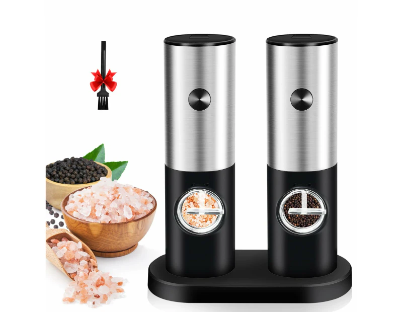 Electric Salt and Pepper Grinder Set Automatic Pepper Mills with Adjustable Coarseness - Battery Operated Spices Shaker with LED Light in Stainless