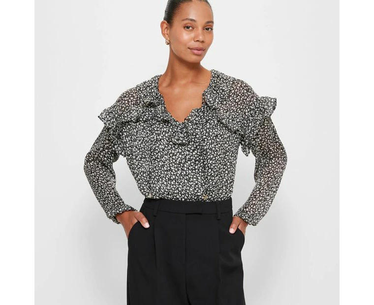 Long Sleeve Ruffle V-Neck Blouse - Preview