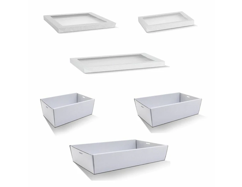 100 X White Disposable Catering Grazing Boxes Trays With Clear Frame Lids -Small - White