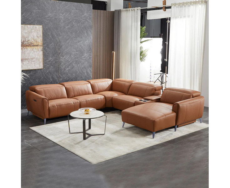 5 Seater Genuine Leather Recliner Corner Sofa with Right Chaise