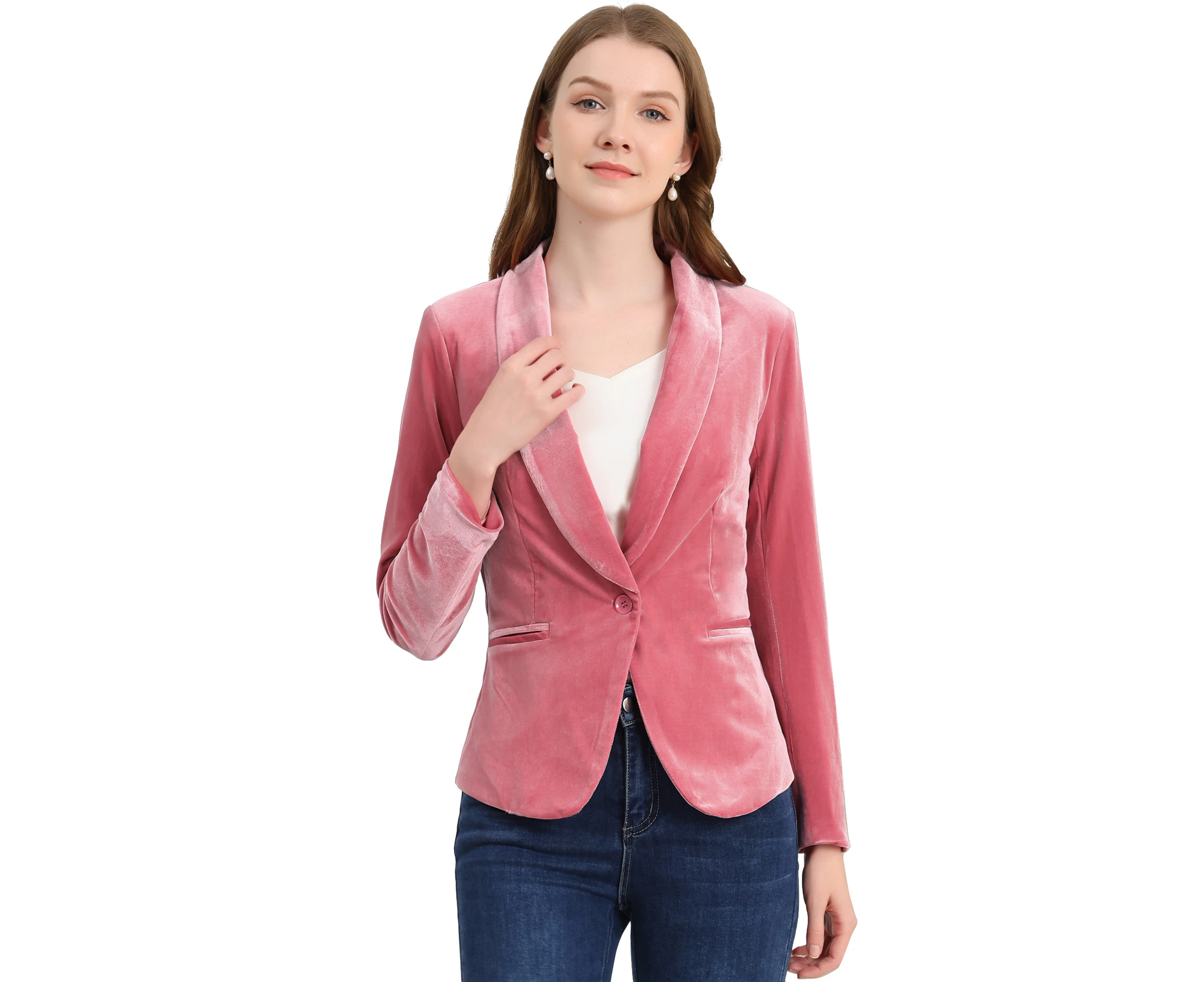 Allegra K Shawl Collar Long Sleeve One Button Velvet Blazer - Pink - Pink