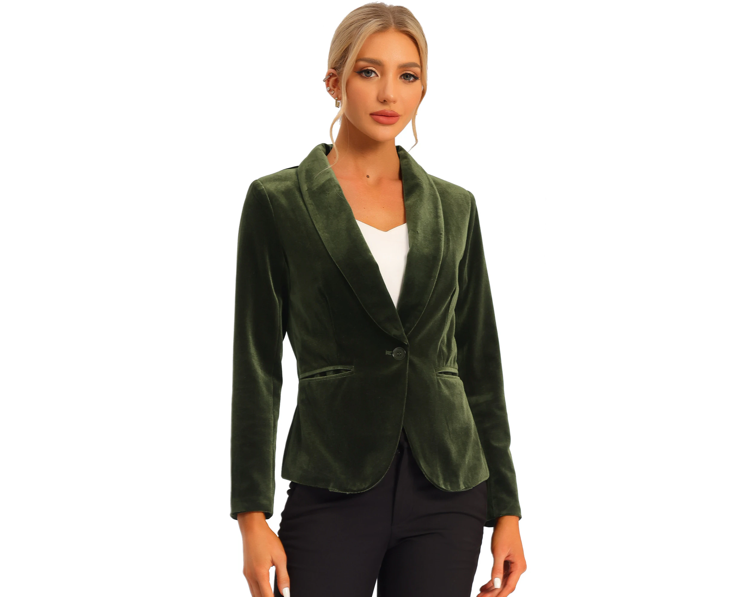 Allegra K Shawl Collar Long Sleeve One Button Velvet Blazer Olive Green