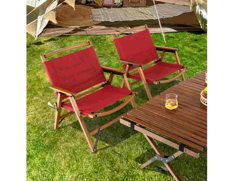 Costway 2PCs Foldable Camping Chairs Bamboo Patio Chair w/Armrest Hiking Fishing Picnic Beach Red